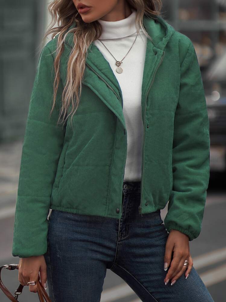 Abrigo acolchado con capucha con cremallera y botón a presión, de pana, para invierno - Verde Oscuro - Añade 3