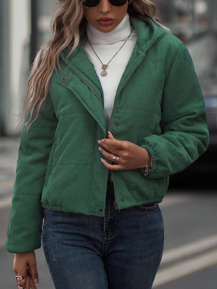 Abrigo acolchado con capucha con cremallera y botón a presión, de pana, para invierno - Verde Oscuro - Añade 4