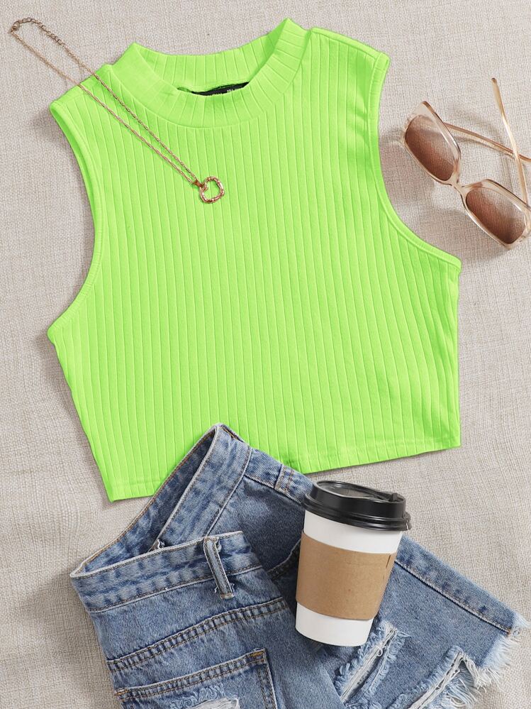 SHEIN EZwear Neon Green Rib-knit Tank Top - Lime Green - View 1