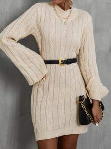 SHEIN Privé Cable Knit Mock Neck Jumper Dress Without Belt - Apricot - View 2