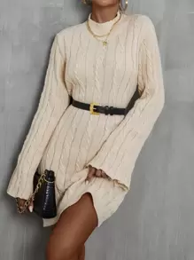 SHEIN Privé Cable Knit Mock Neck Jumper Dress Without Belt - Apricot - View 1