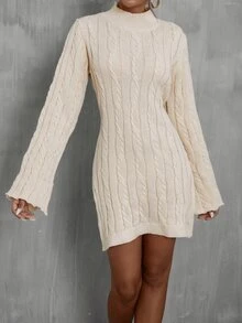 SHEIN Privé Cable Knit Mock Neck Jumper Dress Without Belt - Apricot - View 4