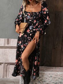 SHEIN Holidaya Đầm Maxi Cổ Vuông Tay Phồng Họa Tiết Hoa Xẻ Đùi Cho Nữ Đi Biển Mùa Thu Vải Cho Nữ - màu đen - Xem 5