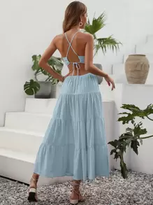 SHEIN Holidaya Crisscross Tie Backless Cut Out Ruffle Hem Split Thigh Dress - Baby Blue - View 2