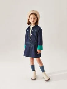 Niñas Cazadora mezclilla con puntada panel en contraste - Azul lavado oscuro - Ver 1