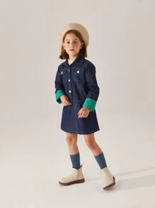 Niñas Cazadora mezclilla con puntada panel en contraste - Azul lavado oscuro - Ver 3