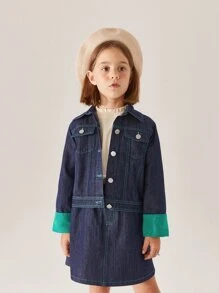 Niñas Cazadora mezclilla con puntada panel en contraste - Azul lavado oscuro - Ver 8