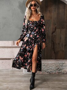 SHEIN Holidaya Đầm Maxi Cổ Vuông Tay Phồng Họa Tiết Hoa Xẻ Đùi Cho Nữ Đi Biển Mùa Thu Vải Cho Nữ - màu đen - Xem 6
