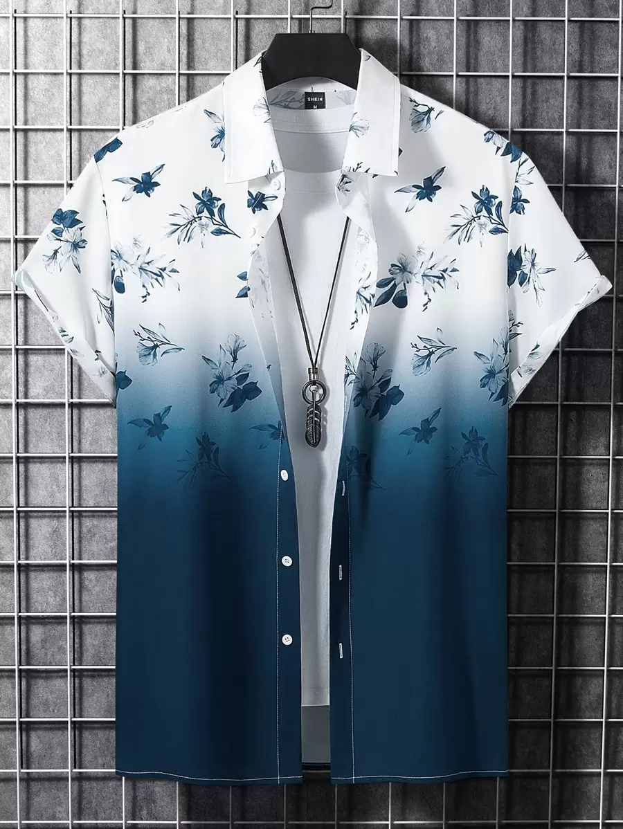 Manfinity RSRT Men Floral Print Ombre Shirt Without Tee - Blue and White - View 1