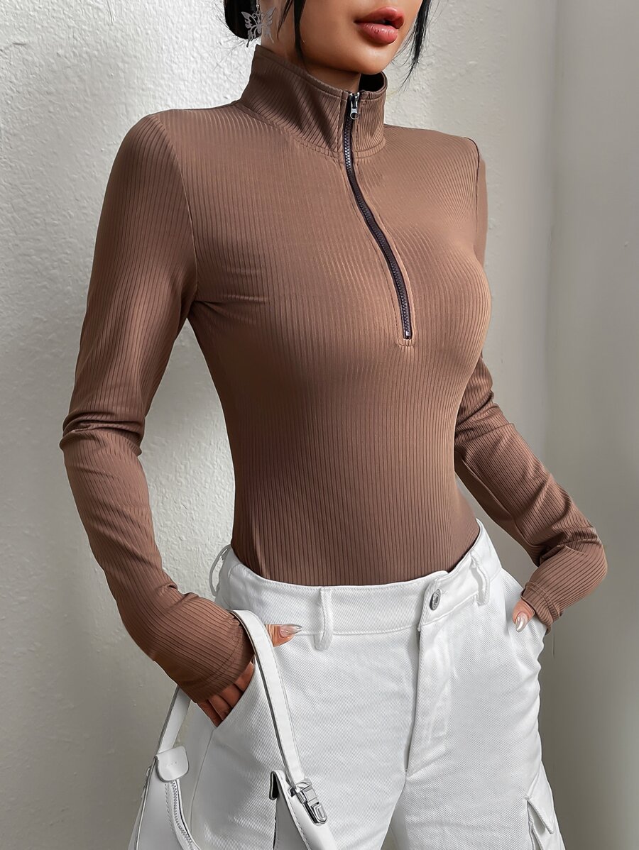 SHEIN EZwear Áo liền quần ôm nữ Dây kéo Gân đan màu trơn Giải trí - Cà phê nâu - Xem 1