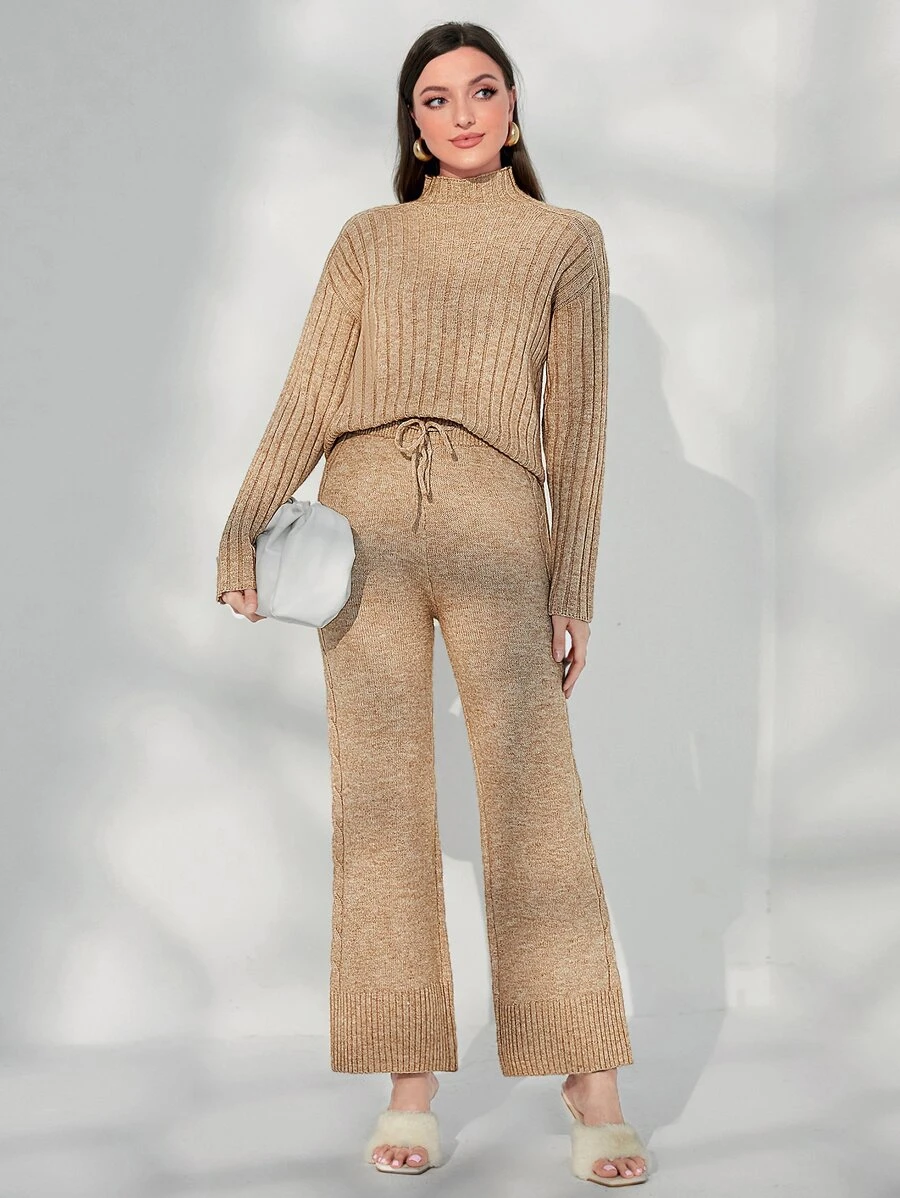 Mulvari Mock Neck Drop Shoulder Sweater & Drawstring Waist Knit Pants - Apricot - View 1