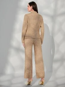 Mulvari Mock Neck Drop Shoulder Sweater & Drawstring Waist Knit Pants - Apricot - View 2