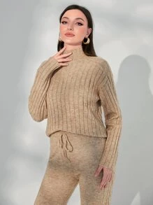 Mulvari Mock Neck Drop Shoulder Sweater & Drawstring Waist Knit Pants - Apricot - View 4