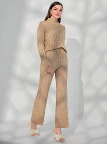 Mulvari Mock Neck Drop Shoulder Sweater & Drawstring Waist Knit Pants - Apricot - View 5
