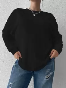 Flirla Plus Ribbed Knit Drop Shoulder Tee - Black - View 1