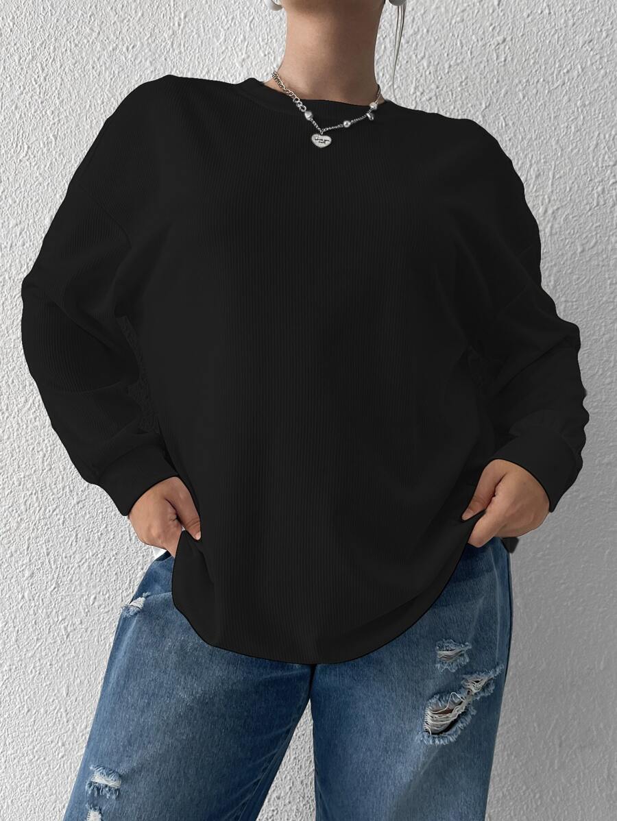 Flirla Plus Ribbed Knit Drop Shoulder Tee - Black - View 1