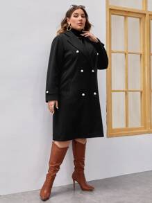SHEIN Clasi Plus Lapel Neck Double Breasted Overcoat - Black - View 4