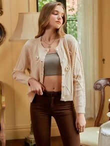 SHEIN MOD Cárdigan aplique tejido de cable - Beis - Ver 2