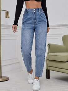 High Waist Cat Scratch Mom Fit Jeans - Light Wash - View 1