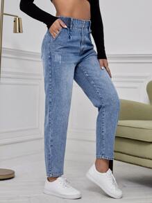 High Waist Cat Scratch Mom Fit Jeans - Light Wash - View 3