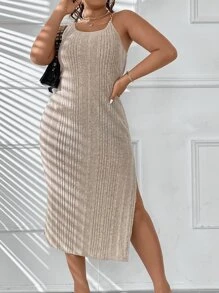 Calvaya Plus Ribbed Knit Split Thigh Dress - Apricot - View 2