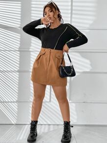 Plus Flap Detail Plicated Skirt - Brown - View 4