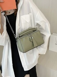 Contrast Piping Chain Square Bag - Green - View 2