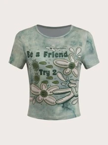 花卉圖案紮染T恤 - 綠色 - 查看 1