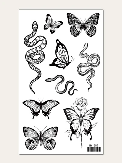 KING HORSE 1 hoja de calcomanía de tatuaje con patrón de mariposa y serpiente