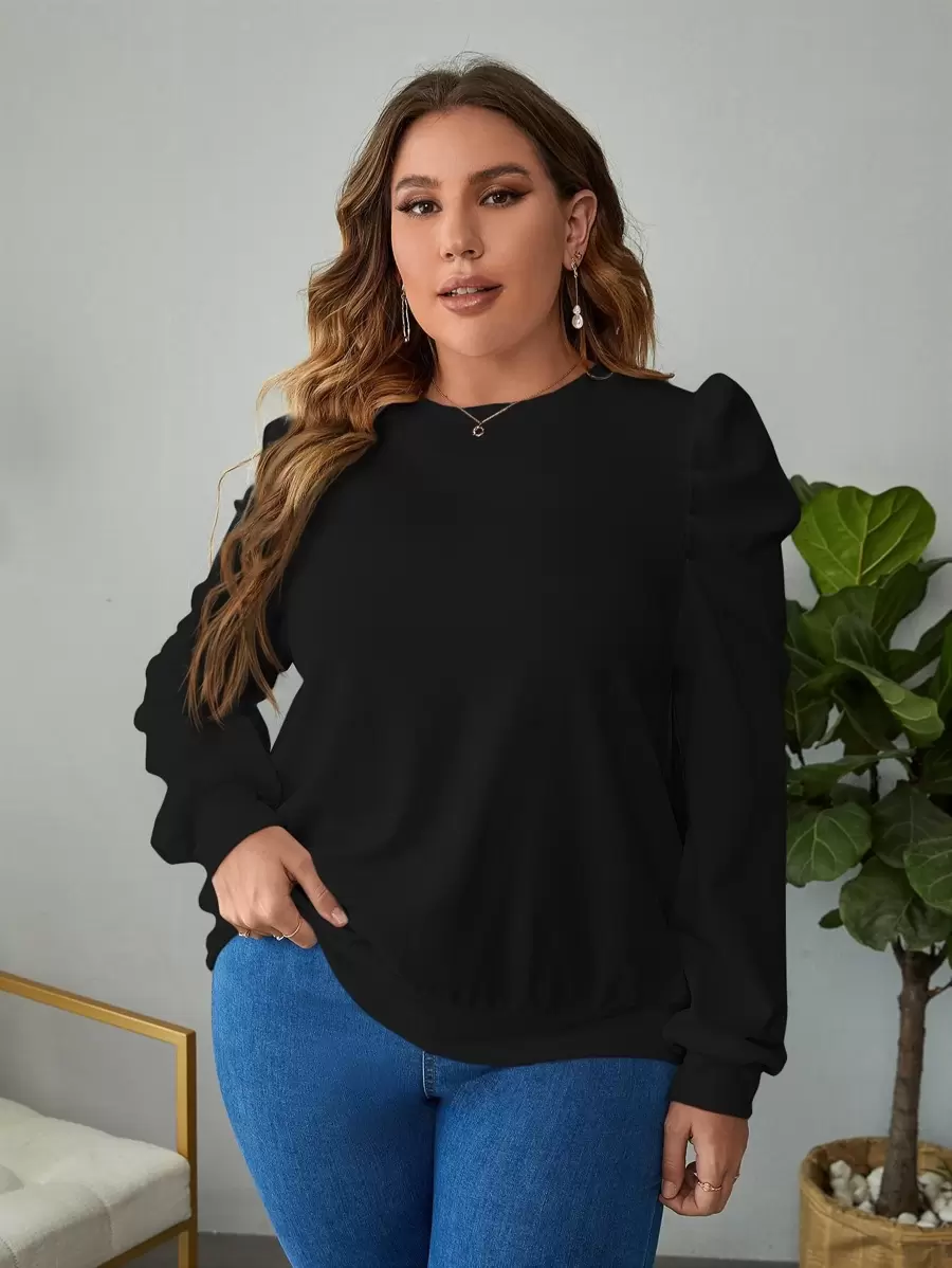 SHEIN Clasi Plus Solid Puff Sleeve Sweatshirt - Black - View 1