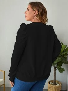 SHEIN Clasi Plus Solid Puff Sleeve Sweatshirt - Black - View 2