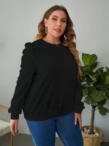 SHEIN Clasi Plus Solid Puff Sleeve Sweatshirt - Black - View 3