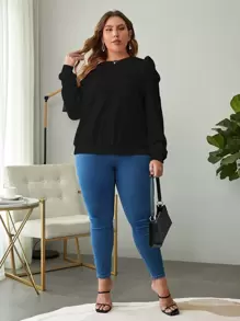 SHEIN Clasi Plus Solid Puff Sleeve Sweatshirt - Black - View 4