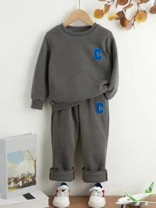 SHEIN Toddler Boys Letter Graphic Sweatshirt & Joggers - Grey - View 1