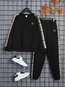 SHEIN Tween男孩格紋側縫補細節套頭衫＆運動長褲 - 黑色 - 查看 1