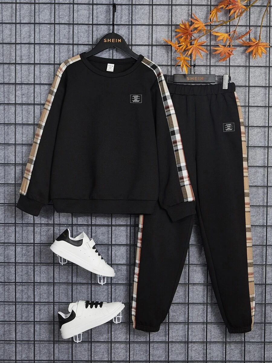 SHEIN Tween男孩格紋側縫補細節套頭衫＆運動長褲 - 黑色 - 查看 1