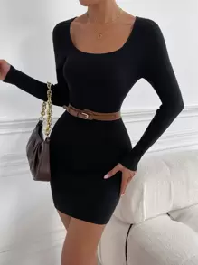 Scoop Neck Bodycon Jumper Dress Without Belt - Black - View 4