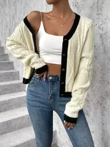 SHEIN Contrast Trim Cable Knit Cardigan - Beige - View 1