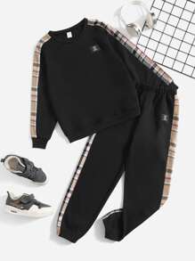 SHEIN Tween男孩格紋側縫補細節套頭衫＆運動長褲 - 黑色 - 查看 3
