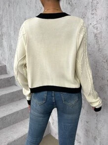 SHEIN Contrast Trim Cable Knit Cardigan - Beige - View 2