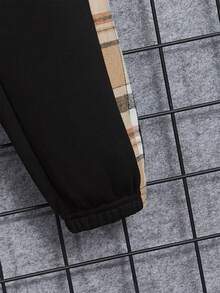 SHEIN Tween男孩格紋側縫補細節套頭衫＆運動長褲 - 黑色 - 查看 4