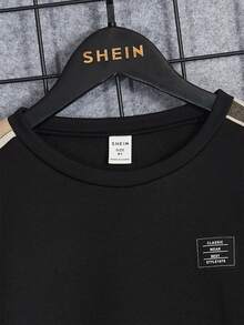 SHEIN Tween男孩格紋側縫補細節套頭衫＆運動長褲 - 黑色 - 查看 5