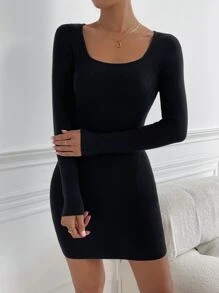 Scoop Neck Bodycon Jumper Dress Without Belt - Black - View 6
