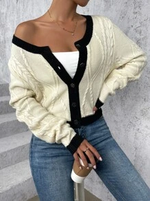 SHEIN Contrast Trim Cable Knit Cardigan - Beige - View 4