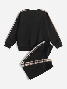 SHEIN Tween男孩格紋側縫補細節套頭衫＆運動長褲 - 黑色 - 查看 6
