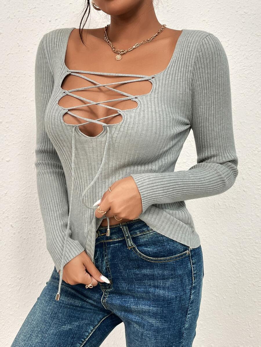 Lace Up Front Jumper - Grey - View 1