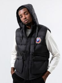 男士補丁細節翻蓋口袋抽繩連帽羽絨背心大衣 - 黑色 - 查看 6