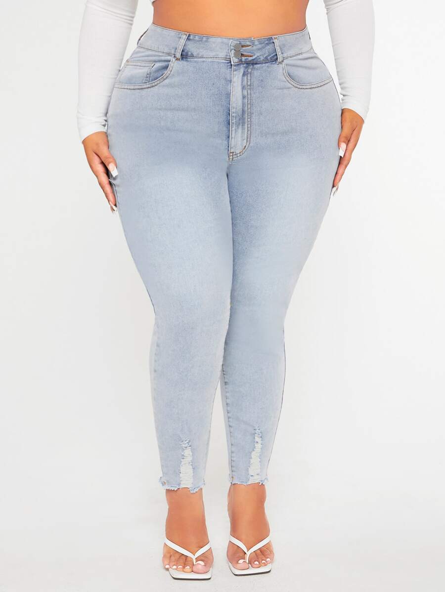 SHEIN SXY 大碼高腰破洞毛邊緣緊身牛仔褲 - 淺色水洗藍 - 查看 1