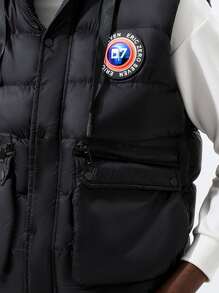 男士補丁細節翻蓋口袋抽繩連帽羽絨背心大衣 - 黑色 - 查看 5
