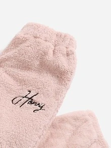 Letter Embroidered Flannel Lounge Set - Baby Pink - View 3